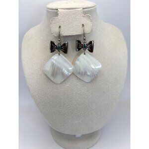 Vintage Mother of Pearl Shell Dangle Fan Earrings with Silver Tone Bow Motif